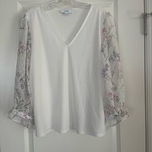 CeCe White Blouse with Floral Sleeves